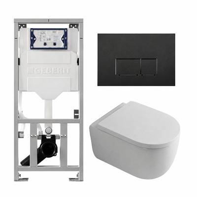 QeramiQ Dely Swirl Ensemble WC - 36.3x51.7cm - Réservoir encastré Geberit UP320 - Abattant 35mm - Plaque de commande en noir mat - Boutons rectangulaires - Blanc brillant