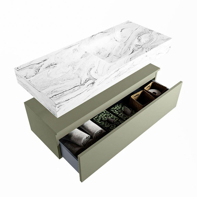 Mondiaz ALAN-DLUX Ensemble de meuble - 110cm - meuble Army mat - 1 tiroir - Lavabo Cloud Glace suspendu - vasque Droite - 0 trous de robinet