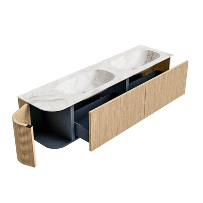 MONDIAZ KURVE-DLUX meuble de salle de bains 175 cm avec module 25 L couleur Chêne avec 2 tiroirs et 1 porte. Lavabo STOR SMALL double / droite 2 trous de robinet couleur Frappe.