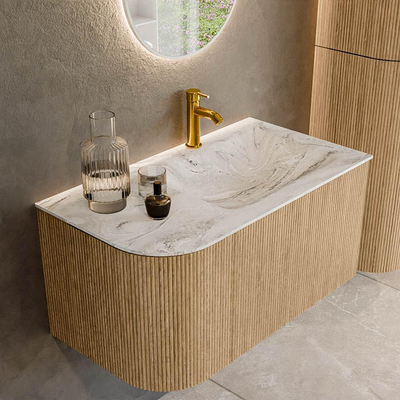 MONDIAZ KURVE-DLUX 85cm Meuble salle de bain avec module 25 G - couleur Oak - 1 tiroir - 1 porte - vasque CLOUD droite - 1 trou de robinet - couleur Glace