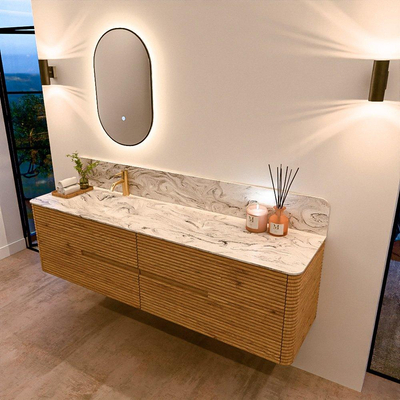Mondiaz CIRO-DLUX Badkamermeubelset - 180x45x50cm - Solid surface wastafel Glace - 1 wasbak Links - 1 kraangat - 4 lades - Oak
