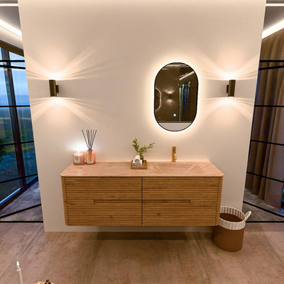 Mondiaz CIRO-DLUX Meuble de salle de bains - 150x45x50cm - Plan vasque solid surface Arena - 1 vasque à droite - 1 trou de robinet - 4 tiroirs - Chêne