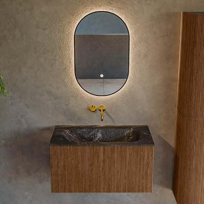 MONDIAZ KURVE-DLUX 80cm Meuble salle de bain - couleur Walnut - 1 tiroir - vasque BIG SMALL centre - sans trou de robinet - couleur Lava