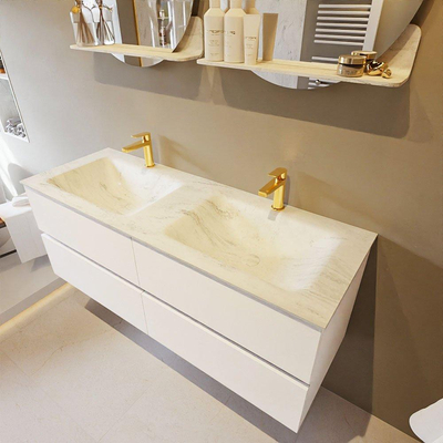 Mondiaz VICA-DLUX ensemble de meuble de salle de bain - 130cm - meuble sous-vasque talc - 4 tiroirs - lavabo encastré cloud double - 2 trous de robinet - version haute de 60cm - opalo