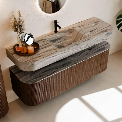 MONDIAZ THOR-DLUX 150cm meuble de salle de bains arrondi gauche + droite couleur Walnut avec 1 tiroir et 2 portes. Vasque suspendue CLOUD Milieu 1 trou de robinet couleur Sombra.