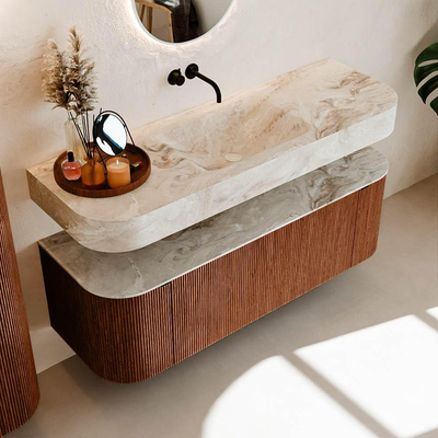 MONDIAZ THOR-DLUX Meuble de salle de bains - 140cm - arrondi gauche + droite - couleur Ruby - 1 tiroir - 2 portes - Vasque suspendue CLOUD Milieu sans trou de robinet - couleur Frappe