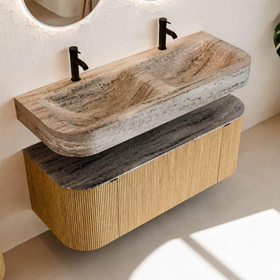 MONDIAZ THOR-DLUX 120cm badmeubel ronding links + rechts kleur Oak met 1 lade en 2 deuren. Vrijhangende wastafel CLOUD Dubbel 2 kraangaten kleur Oza.