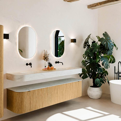 MONDIAZ THOR-DLUX Meuble de salle de bains - 190cm - arrondi gauche + droite - couleur Oak - 2 tiroirs et 2 portes - Vasque suspendue CLOUD Double sans trou de robinet - couleur Opalo