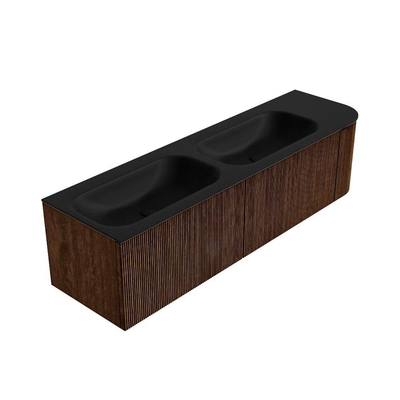 MONDIAZ KURVE Meuble de salle de bains 165cm avec module 25 R couleur Walnut avec 2 tiroirs et 1 porte. Lavabo BIG SMALL double / gauche 2 trous de robinet Urban.