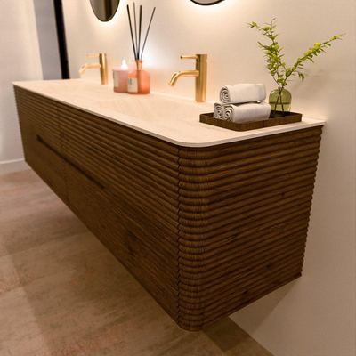 Mondiaz CIRO-DLUX Badkamermeubelset - 190x45x50cm - Solid surface wastafel Meli - 2 wasbak Dubbel - 2 kraangaten - 4 lades - Dusk