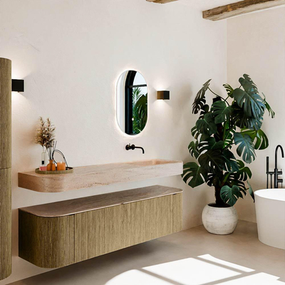 MONDIAZ THOR-DLUX 170cm meuble de salle de bains arrondi gauche + droite couleur Dusk avec 1 tiroir et 2 portes. Vasque suspendue CLOUD Droite sans trou de robinet couleur Saba.