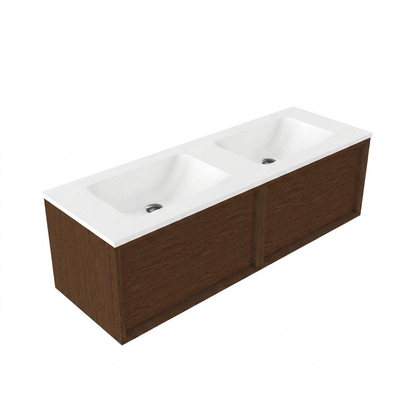 Saniclass Holz Frame Ensemble de meubles de salle de bains - 140x45x57.5cm - lavabo Torino en solid surface blanc - sans trou de robinetterie - 2 tiroirs - noyer pure mat (bois)