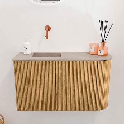 Mondiaz JOYA-DLUX Meuble de toilette 71.6cm - arrondi droit couleur Chêne - Vasque FAYE position Gauche Sans trou de robinet couleur Saba