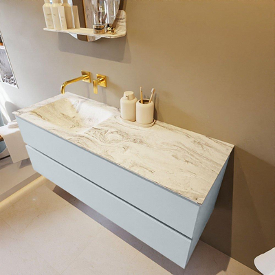 Mondiaz VICA-DLUX ensemble de meuble de salle de bain - 130cm - meuble sous-vasque argile - 2 tiroirs - lavabo encastré nuage gauche - sans trous de robinet - version haute de 60cm - glace