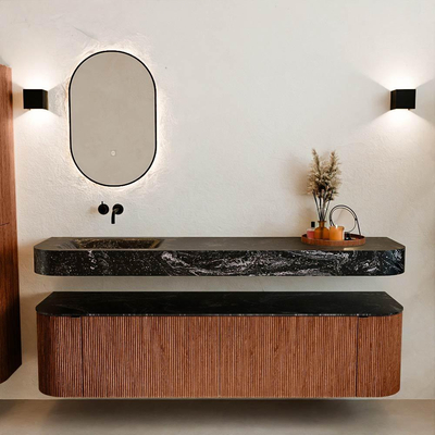 MONDIAZ THOR-DLUX 180cm meuble de salle de bains arrondi gauche + droite couleur Ruby avec 2 tiroirs et 2 portes. Vasque suspendue CLOUD Gauche sans trou de robinet couleur Lava.