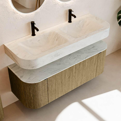 MONDIAZ THOR-DLUX 130cm meuble de salle de bains arrondi gauche + droite couleur Dusk avec 1 tiroir et 2 portes. Vasque suspendue CLOUD Double 2 trous de robinet couleur Opalo.