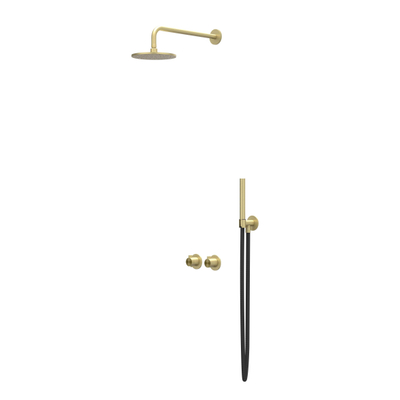 IVY Tribe Ensemble de douche pluie - encastré - symmetry - inverseur d'arrêt 2 voies - bras mural 40 cm - pomme de douche principale medium 20 cm - support avec sortie - flexible de douche 150 cm - douchette barre - acier inoxydable 316 - or mat brossé PV