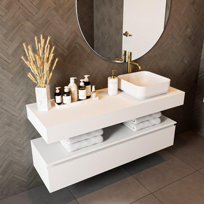 MONDIAZ TOP 46 Talc vrijhangende solid surface module / planchet 130cm Rand 12cm hoog. Blad geschikt voor waskom