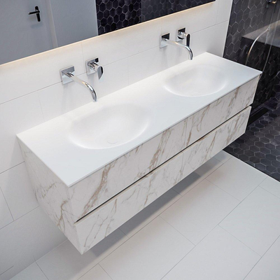 MONDIAZ VICA Ensemble de meuble salle de bain - 150cm - 4 tiroirs - lavabo Moon double - 0 trou de robinet - solid surface marbre carrara