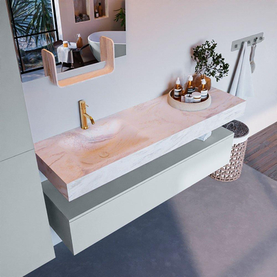 Mondiaz ALAN-DLUX Ensemble de meuble - 150cm - meuble Clay mat - 1 tiroir - Lavabo Cloud Ostra suspendu - vasque Gauche - 1 trou de robinet