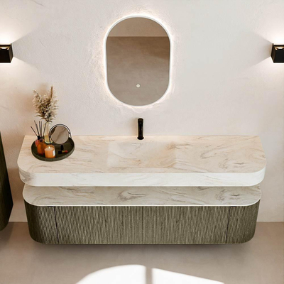 MONDIAZ THOR-DLUX 180cm meuble de salle de bains arrondi gauche + droite couleur Shadow avec 2 tiroirs et 2 portes. Vasque suspendue CLOUD Milieu 1 trou de robinet couleur Ostra.