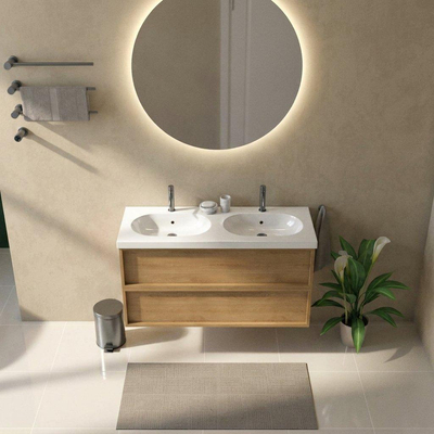 Saniclass Holz Frame Ensemble meuble de salle de bains - 120x45x63.5cm - Lavabo en céramique Palermo blanc - 2 vasques - 2 trous de robinet - 2 tiroirs - chêne natural mat (bois)