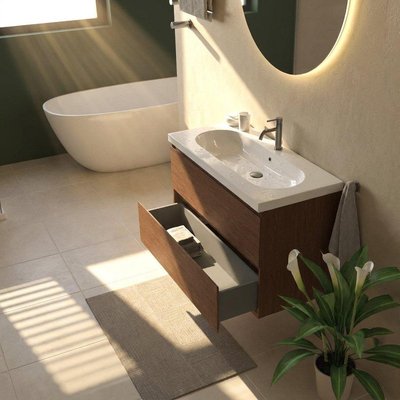 Saniclass Holz Pure Ensemble de meubles de salle de bains - 100x45x63.5cm - lavabo en céramique Palermo blanc - 1 vasque - 1 trou de robinet - 2 tiroirs - walnut pure mat (bois)