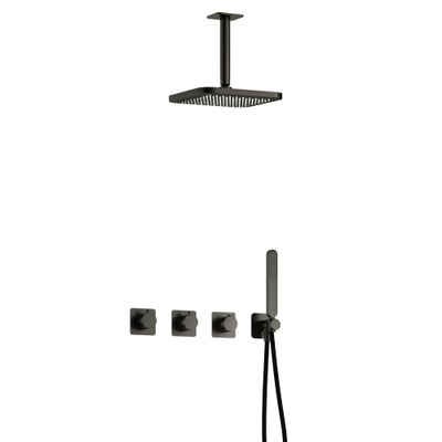Hotbath Gal IBSGL70 Ensemble de douche encastré thermostatique - 2 robinets d'arrêt - bras de plafond 15 cm - douche de tête carrée 22 cm - douchette barre - gun metal brossé PVD
