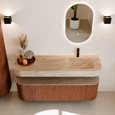 MONDIAZ THOR-DLUX 150cm meuble de salle de bains arrondi gauche + droite couleur Ruby avec 1 tiroir et 2 portes. Vasque suspendue CLOUD Droite 1 trou de robinet couleur Arena.