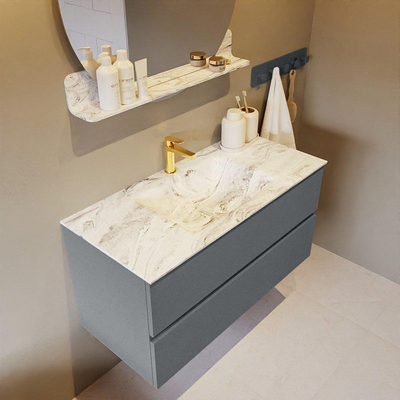 MONDIAZ VICA-DLUX Badkamermeubelset - 100cm - onderkast plata- 2 lades - inbouw wastafel cloud midden - 1 kraangat - 60cm hoge versie - glace
