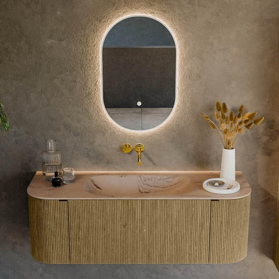 MONDIAZ KURVE-DLUX Meuble de salle de bains 130cm courbure Gauche + Droite couleur Dusk avec 1 tiroir et 2 portes. Lavabo BIG SMALL Central sans trou de robinet Arena.