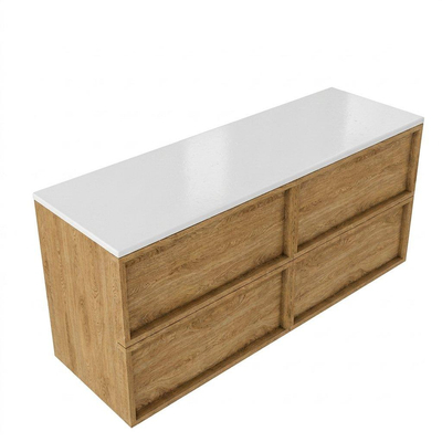 Saniclass Holz Frame Ensemble meuble de salle de bains - 140x45x62.5cm - plan de travail Torino en solid surface blanc - sans trou de robinet - 4 tiroirs - chêne natural mat (bois)