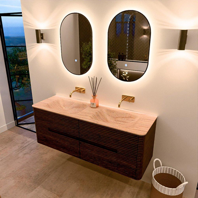 Mondiaz CIRO-DLUX Badkamermeubelset - 140x45x50cm - Solid surface wastafel Saba - 2 wasbak Dubbel - zonder kraangaten - 4 lades - Walnut