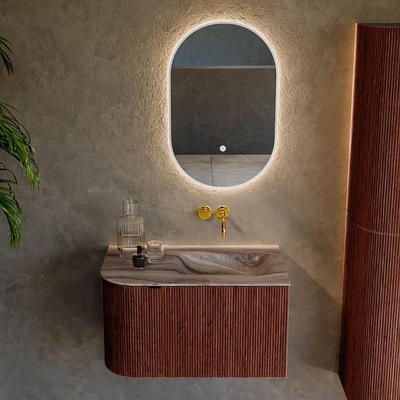MONDIAZ KURVE-DLUX meuble de salle de bain 75cm arrondi à gauche couleur Ruby avec 1 tiroir et 1 porte. Lavabo GRUNNE à droite sans trou de robinetterie Sombra.