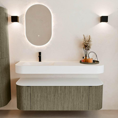 MONDIAZ THOR 140cm meuble de salle de bains arrondi gauche + droite couleur Shadow avec 1 tiroir et 2 portes. Vasque suspendue CLOUD gauche 1 trou de robinet couleur Talc.