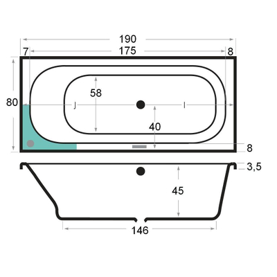 Xenz Aruba Ligbad - 190x80x48 - afvoer Midden - acryl - wit
