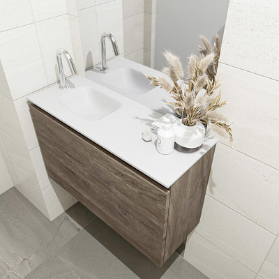 MONDIAZ OLAN Toiletmeubel 80x30x40cm met 1 kraangaten 1 lades dark brown mat Wastafel Lex links Solid Surface Wit