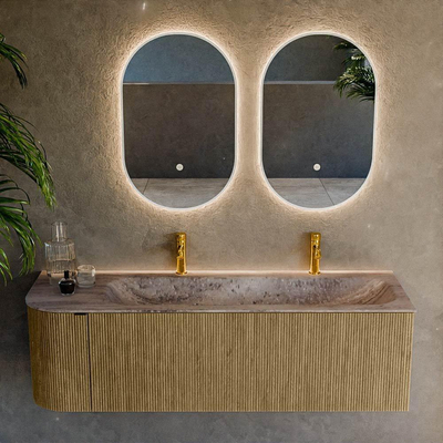 MONDIAZ KURVE-DLUX Meuble de salle de bains 145cm arrondi à gauche couleur Dusk avec 1 tiroir et 1 porte. Lavabo BIG LARGE à droite 2 trous de robinet Oza.