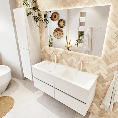 MONDIAZ VICA meuble sous lavabo 120cm Talc 4 tiroirs. Lavabo CLOUD double 2 trous de robinet, couleur Talc.