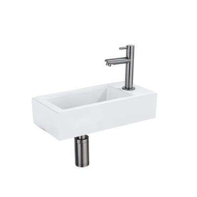 QeramiQ Fuente Fonteinset - 37.5x18.5x9cm - keramiek - kraangat rechts - fonteinkraan gunmetal - afvoerplug - verlaagd sifon - Mat wit