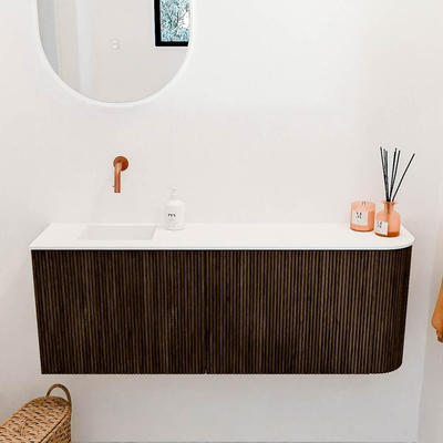 Mondiaz JOYA 111.6cm toiletmeubel - ronding rechts kleur Walnut - Wastafel FAYE positie Links Zonder kraangat kleur Talc.
