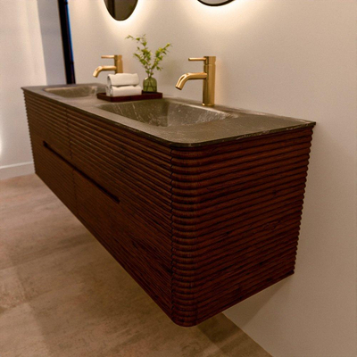 Mondiaz CIRO-DLUX Badkamermeubelset - 160x45x50cm - Solid surface wastafel Lava - 2 wasbak Dubbel - 2 kraangaten - 4 lades - Ruby