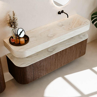 MONDIAZ THOR-DLUX 160cm meuble de salle de bains arrondi gauche + droite couleur Walnut avec 1 tiroir et 2 portes. Vasque suspendue CLOUD droite sans trou de robinet couleur Ostra.