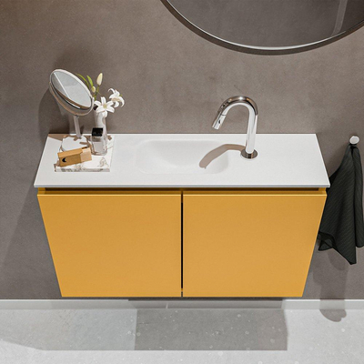 MONDIAZ TURE Toiletmeubel 80x23x50cm met 1 kraangaten 2 deuren ocher mat Wastafel Eden midden Solid Surface Wit