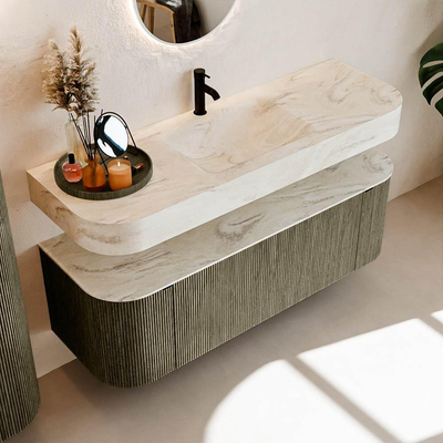 MONDIAZ THOR-DLUX 140cm meuble de salle de bains arrondi gauche + droite couleur Shadow avec 1 tiroir et 2 portes. Vasque suspendue CLOUD Milieu 1 trou de robinet couleur Ostra.