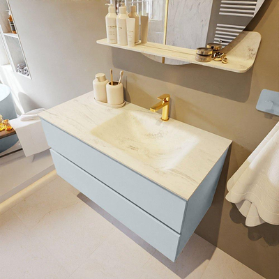 Mondiaz VICA-DLUX Ensemble de meuble de salle de bain - 100cm - meuble sous-vasque argile - 2 tiroirs - lavabo encastré nuage droite - 1 trou de robinet - version haute 60cm - opalo