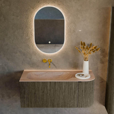 MONDIAZ KURVE-DLUX Meuble de salle de bains 105cm arrondi à droite couleur Shadow avec 1 tiroir et 1 porte. Lavabo BIG SMALL à gauche sans trou de robinetterie Saba.