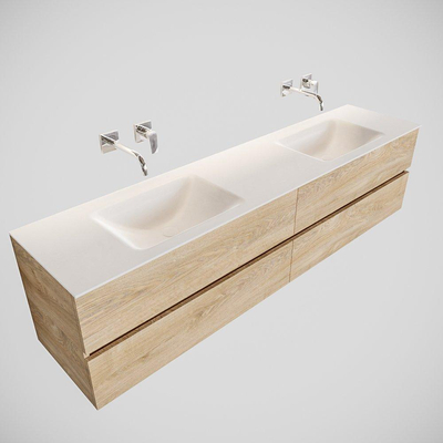 MONDIAZ VICA Badkamermeubelset - 200cm - 4 lades - wasbak Cloud dubbel - 0 kraangaten - solid surface washed oak