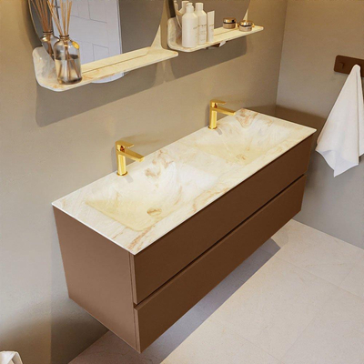 MONDIAZ VICA-DLUX Ensemble meuble de salle de bains - 130cm - meuble bas Rust - 2 tiroirs - lavabo encastré Cloud double - 2 trous de robinet - version haute 60cm - Frappe