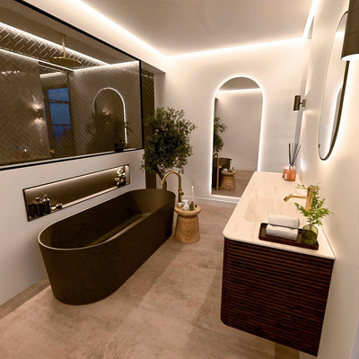 Mondiaz CIRO-DLUX Ensemble de meubles de salle de bains - 180x45x50cm - Plan vasque Solid surface Meli - 1 vasque à droite - 1 trou de robinet - 4 tiroirs - Noyer